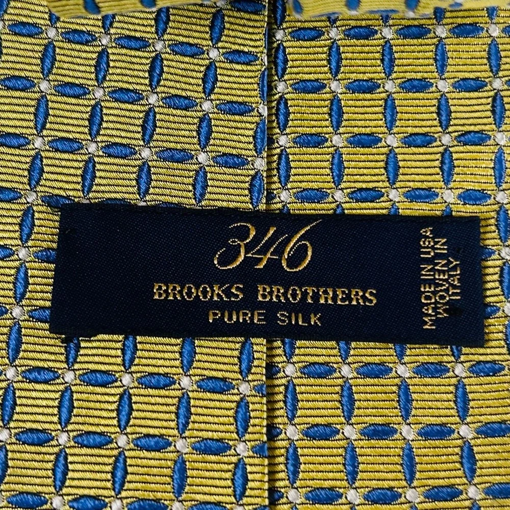 Brooks Brothers Necktie Yellow Blue Geometric Silk Woven Italy Mens 3 3/4 x 59